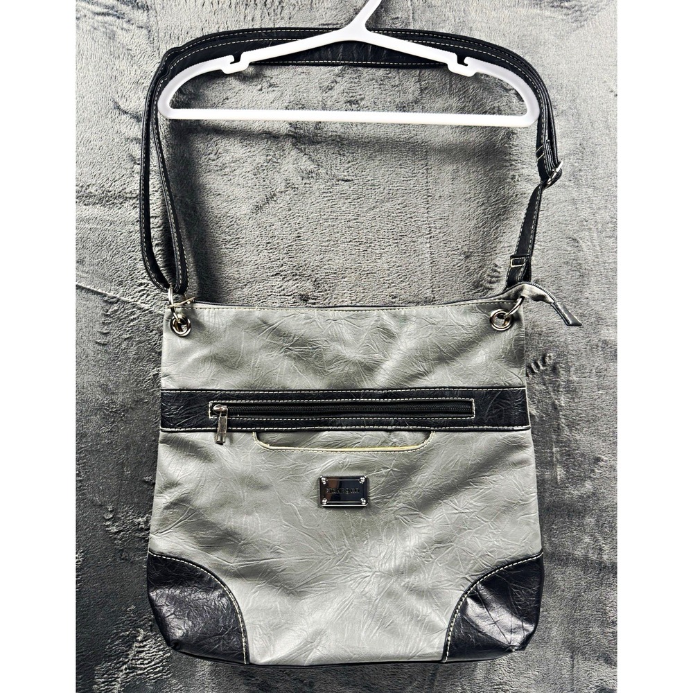 Stone & Co. Gray Black Faux Leather Crossbody Bag Adjustable Strap Zip Pockets